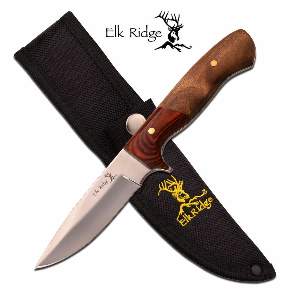 Elk Ridge Fixed Blade Knife Pakkawood Burl Polished Blade 8.5'' Overall
